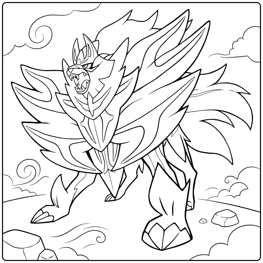 Pokemon Zamazenta in Dynamic Action Pose coloring page