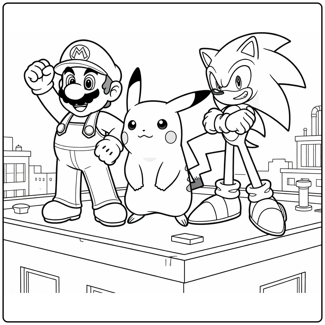 Pokemon Mario Sonic Heroes on Roof Game coloring page