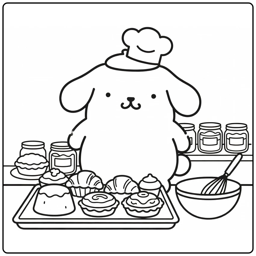 Pompompurin Bakery with Pastries and Chef's Hat coloring page