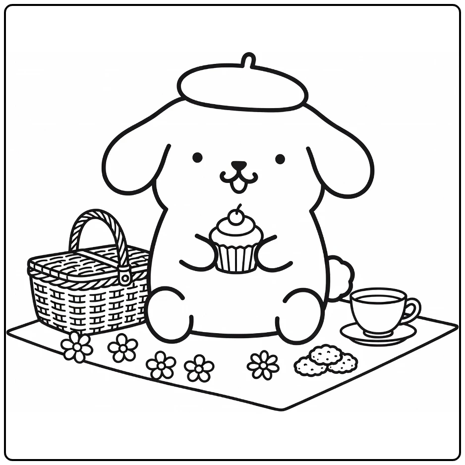 Pompompurin Cozy Picnic with Beret coloring page