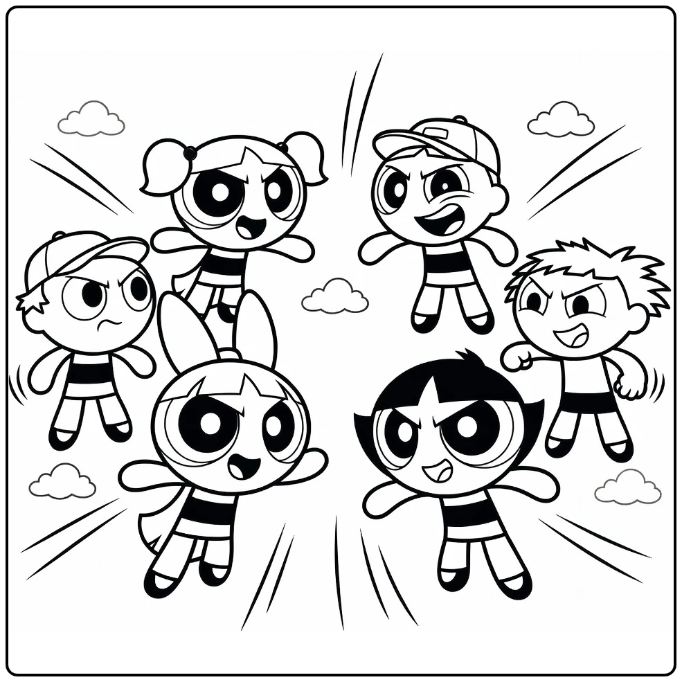 Powerpuff Girls Blossom Bubbles Buttercup Against Rowdyruff Boys coloring page