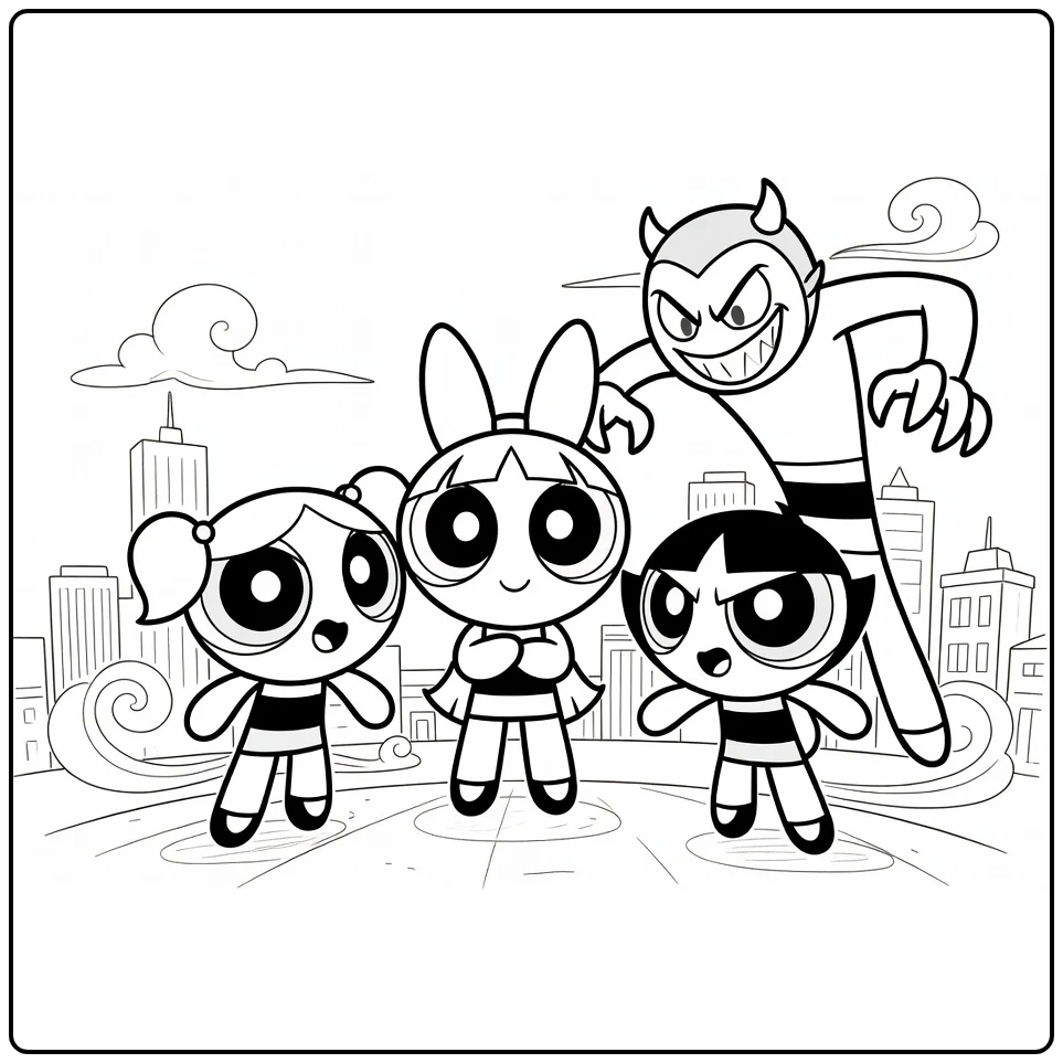 Powerpuff Girls Dramatic Standoff with Him coloring page