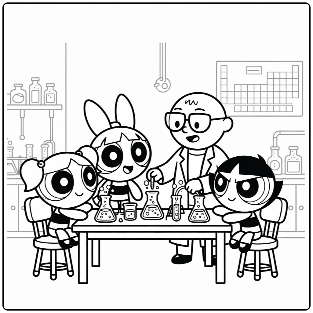 Powerpuff Girls Lab with Blossom Bubbles and Buttercup coloring page