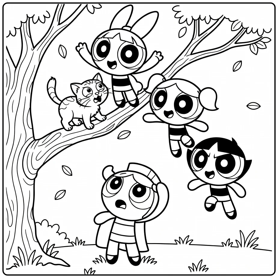 Powerpuff Girls Blossom Bubbles Buttercup and Prof Utonium coloring page