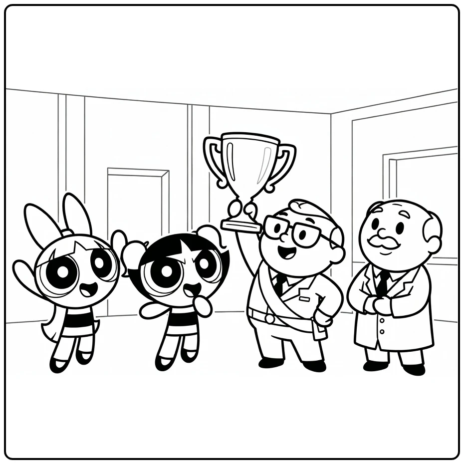 Powerpuff Girls Mayor and Trophy in City Hall coloring page