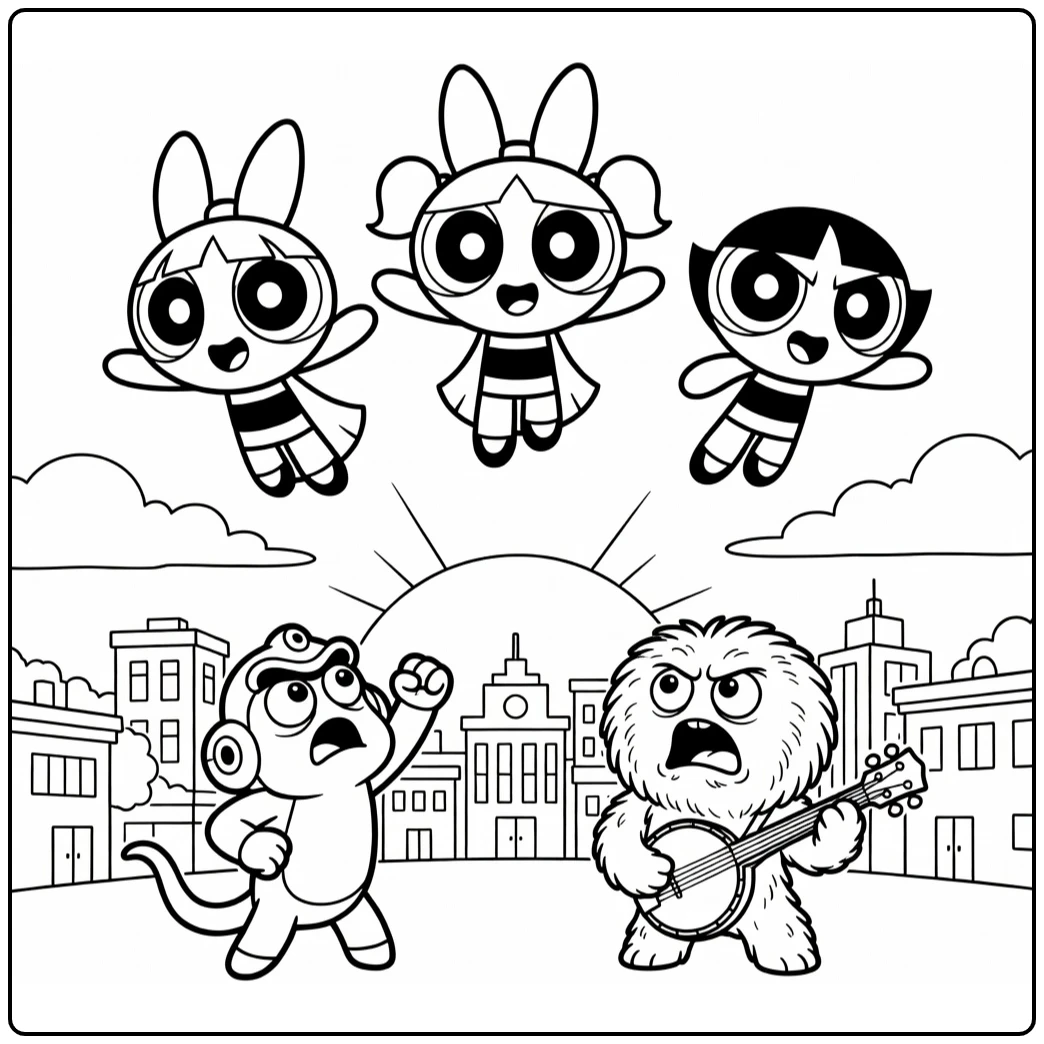 Powerpuff Girls Mojo Jojo and Fuzzy Lumpkins Watching Raised coloring page