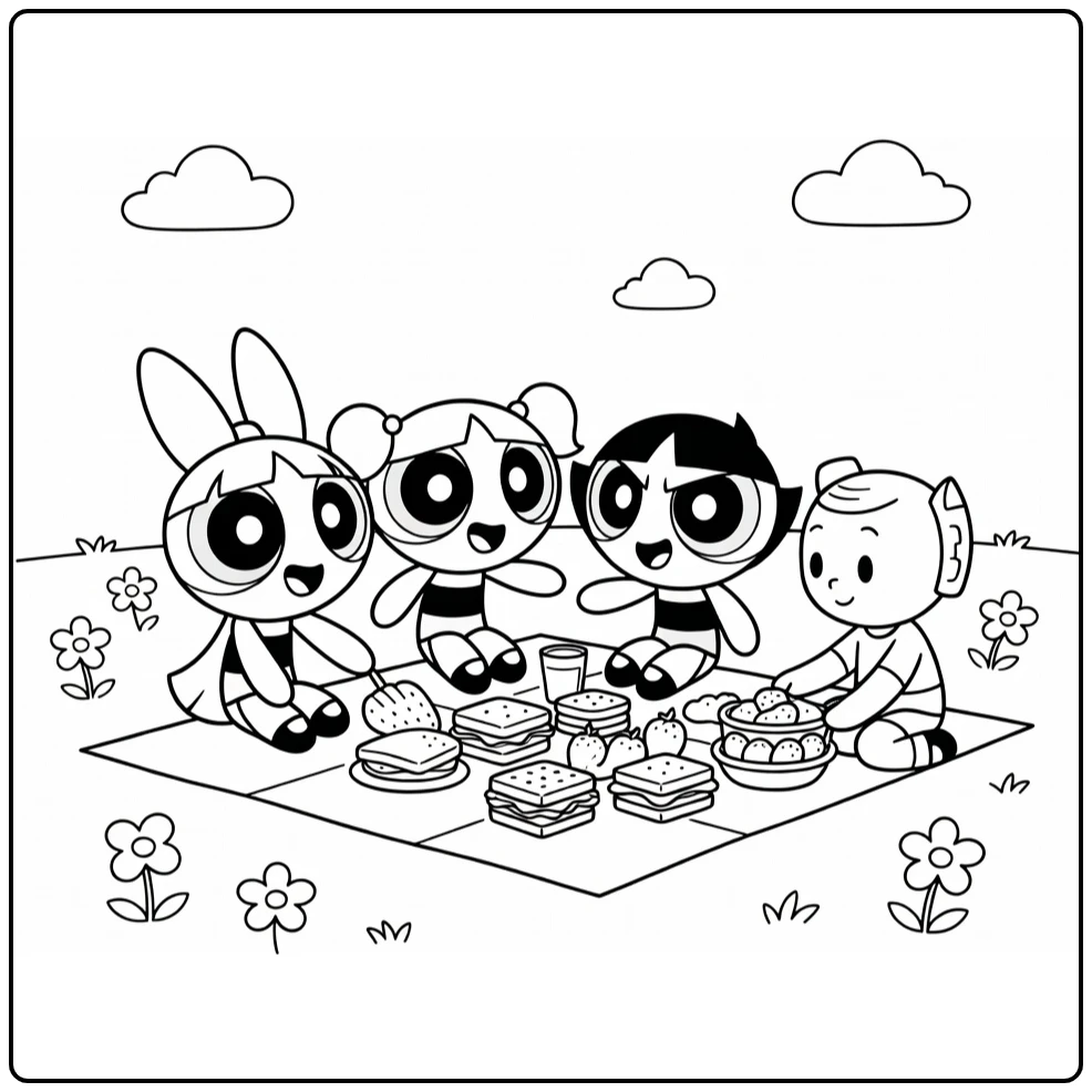 Powerpuff Girls Picnic and Professor Utonium coloring page