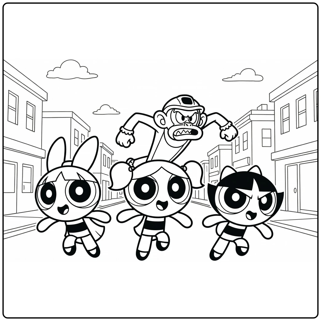 Powerpuff Girls Chasing Mojo Jojo on Street coloring page