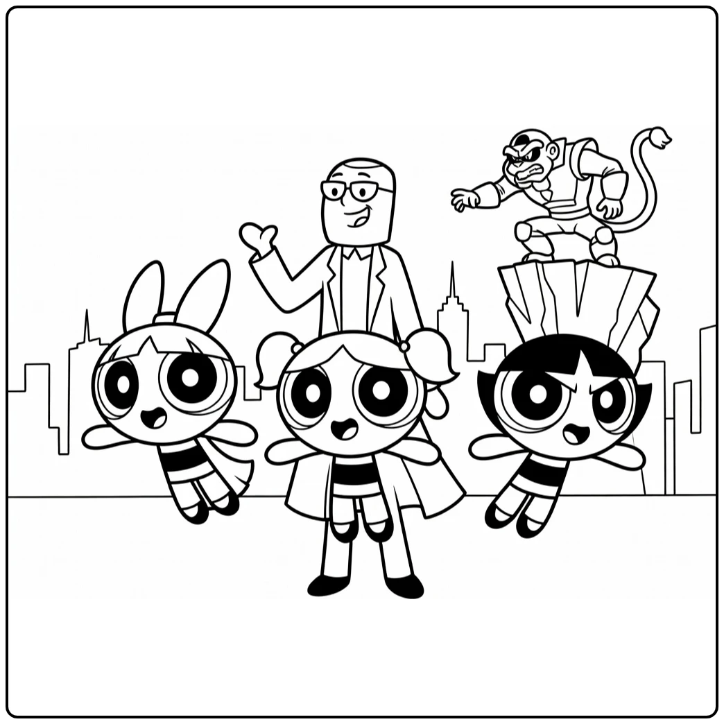 Powerpuff Girls Professor and Mojo Jojo on Skyline coloring page