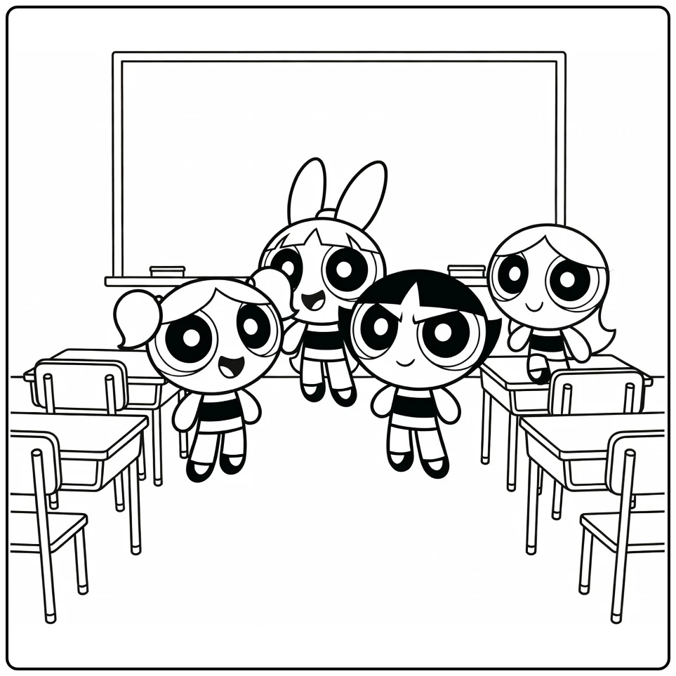 Powerpuff Girls coloring page with a printable hero scene