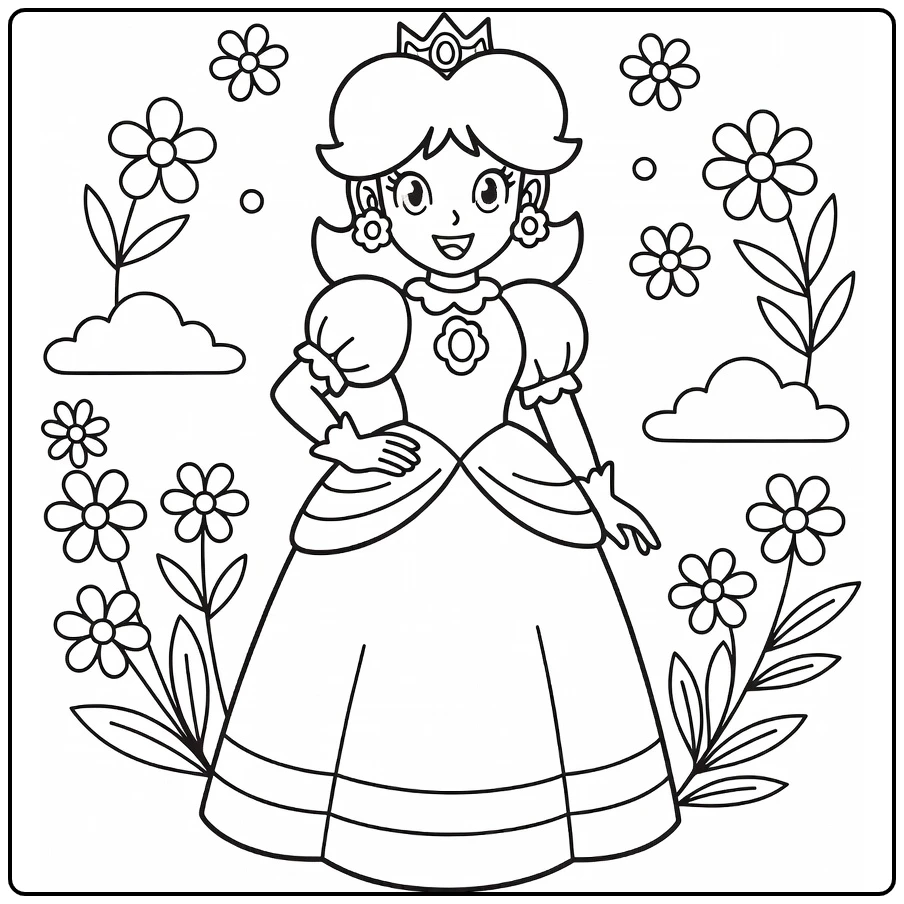 Princess Daisy in Pose with Smile and Clouds coloring page