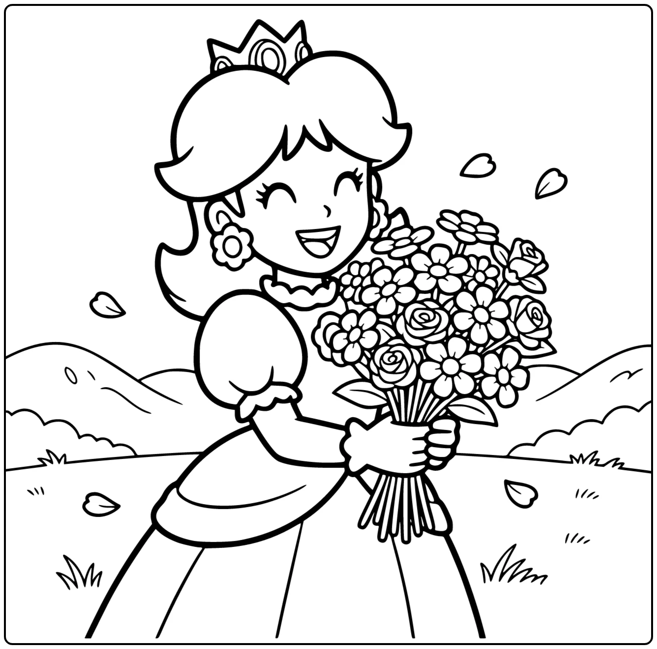Princess Daisy Smiling with Bouquet Flowers coloring page