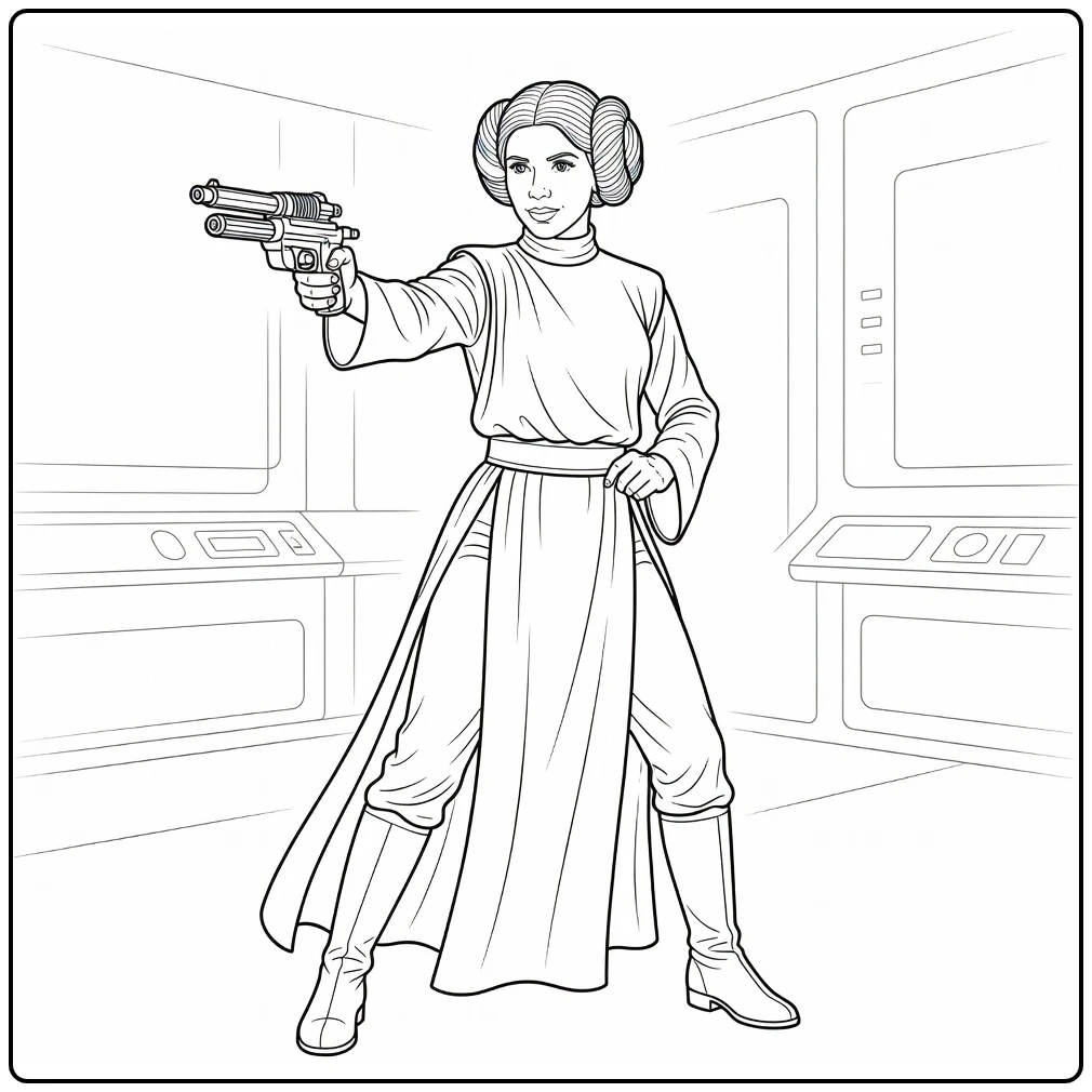 Princess Leia in Battle Pose with Blaster coloring page