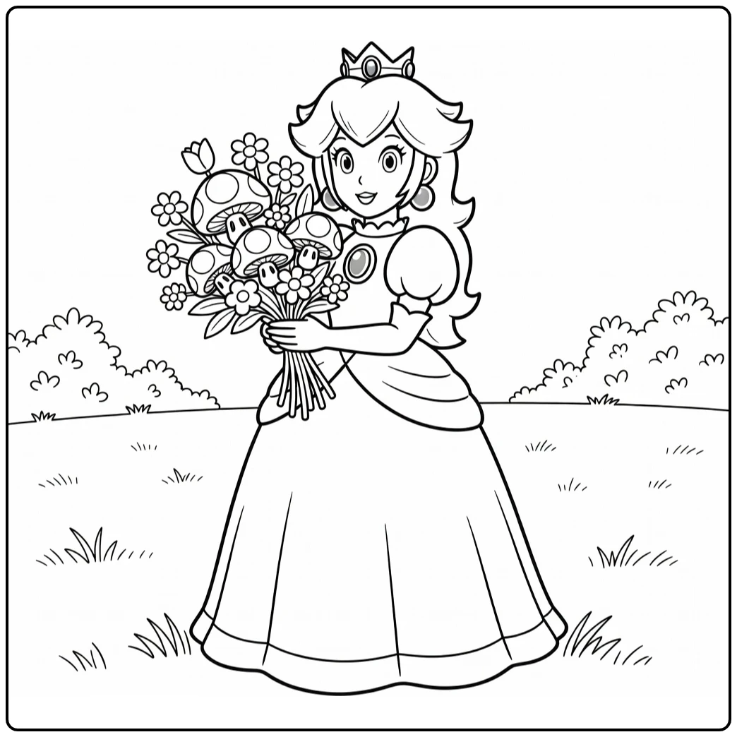 Princess Peach coloring page with mushrooms and flowers in a meadow