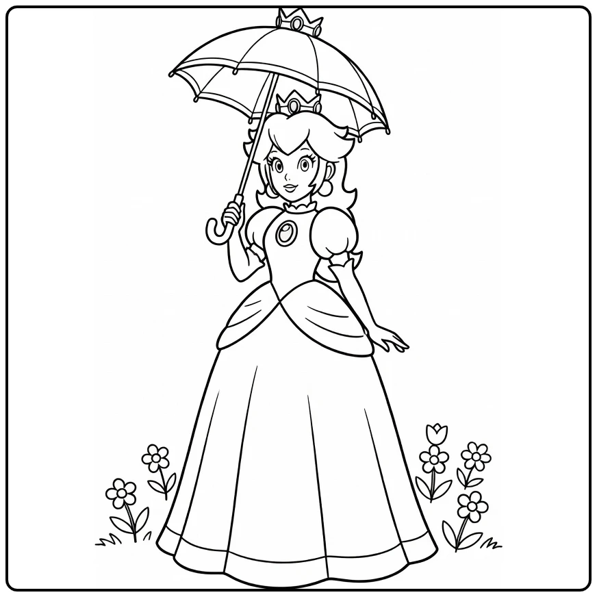 Princess Peach with Dress, Crown, and Parasol coloring page