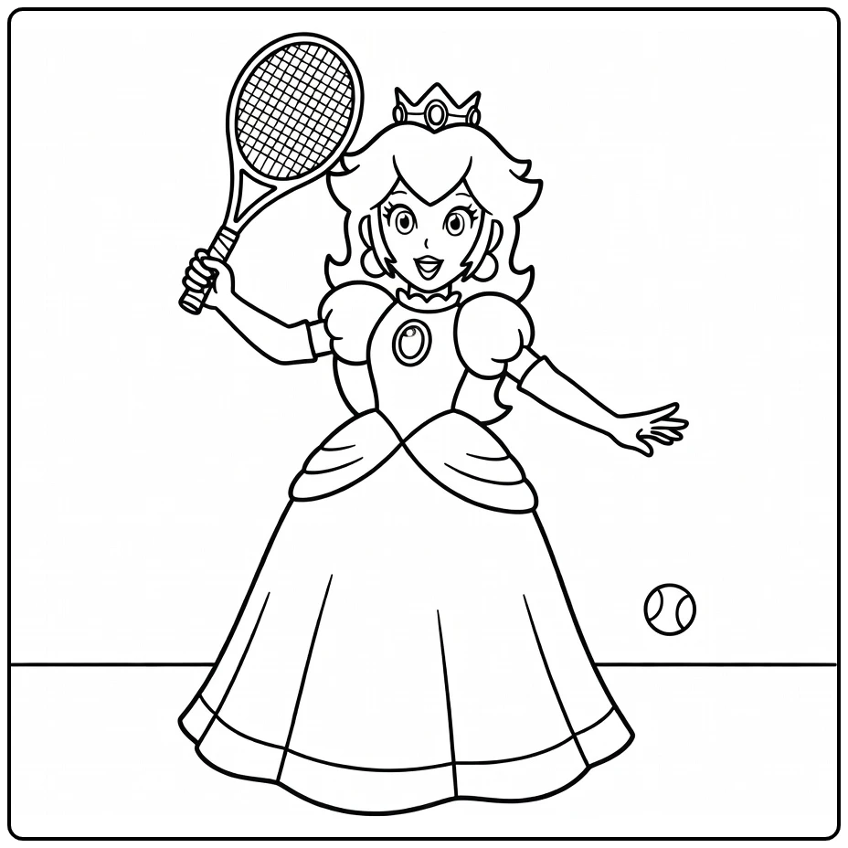 Princess Peach in Playful Tennis Pose coloring page