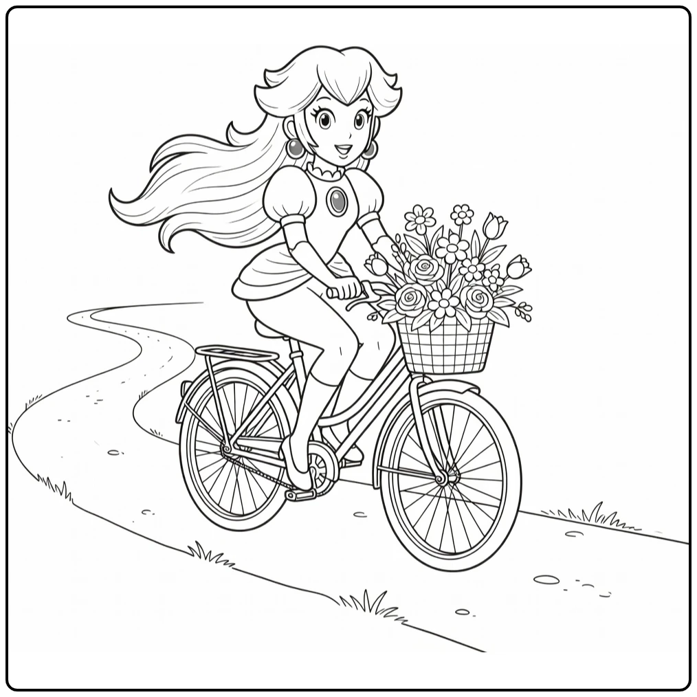 Princess Peach on Bicycle with Flower Basket and Flowing Hair coloring page