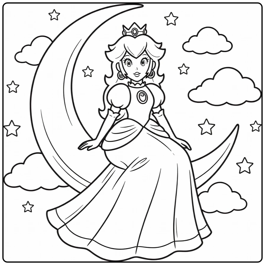 Princess Peach on Moon with Stars coloring page