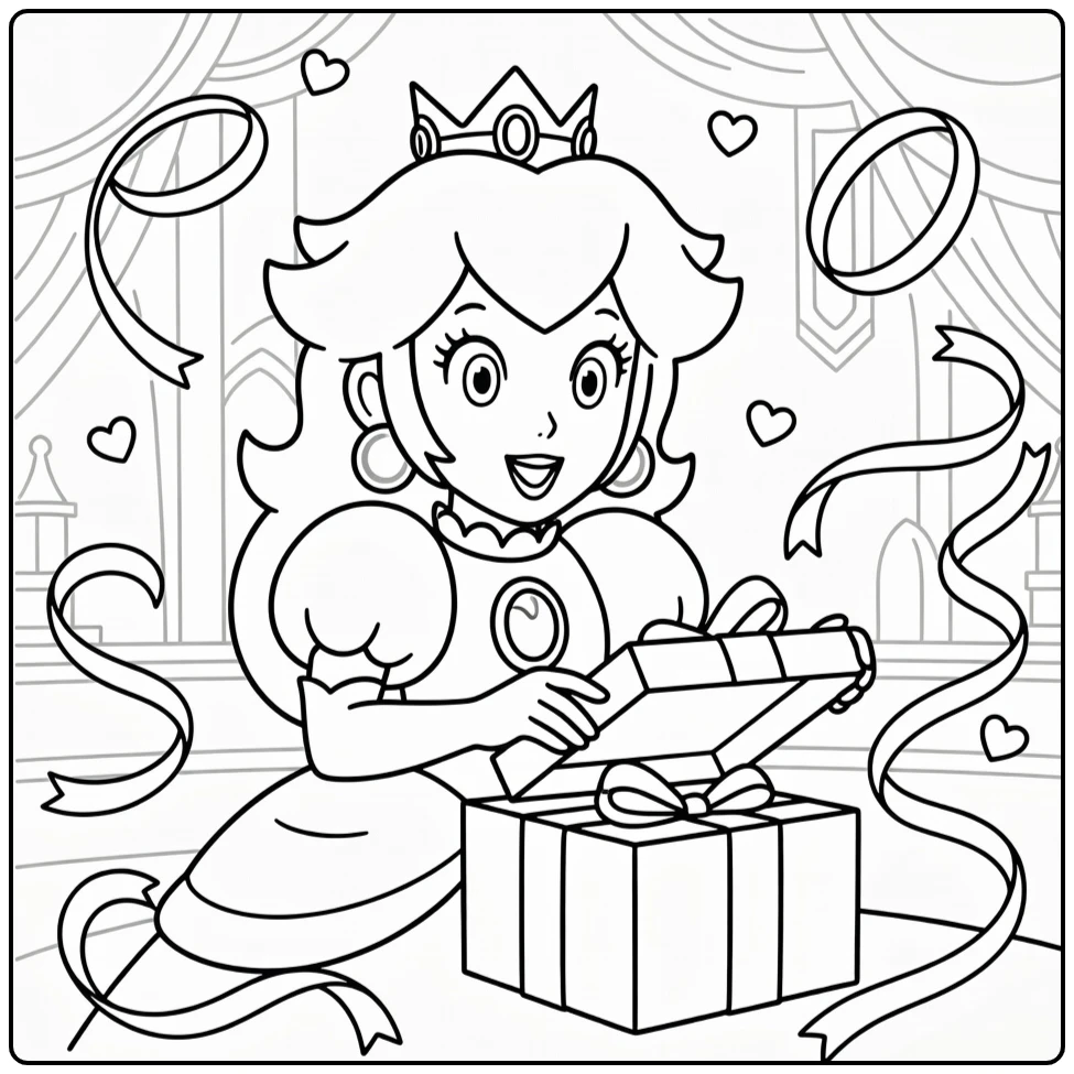Princess Peach Surprised with Ribbons and Hearts coloring page