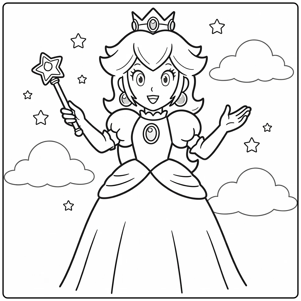 Princess Peach Cheerful Pose with a Star Wand coloring page