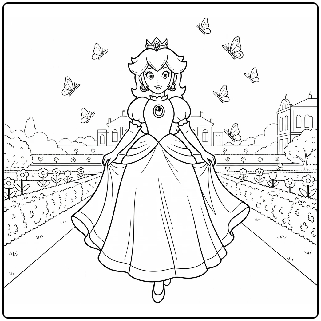 Princess Peach Walking a Garden Path and Lifting Her Dress coloring page