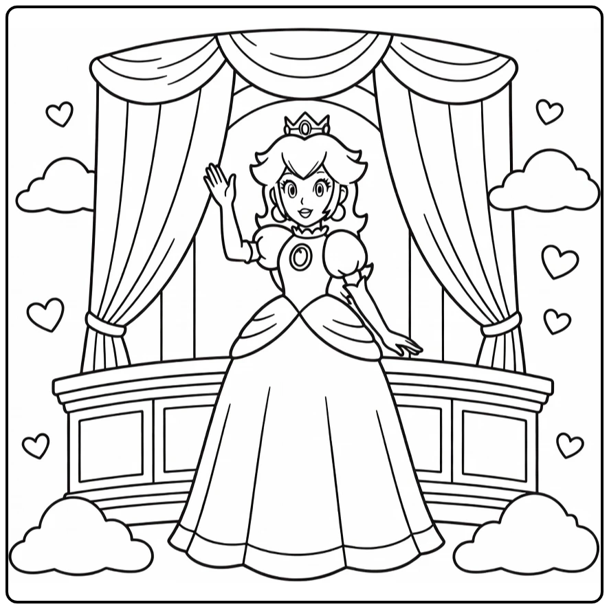 Princess Peach Waving from a Palace Balcony coloring page