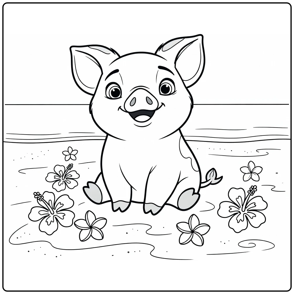 Pua on Tropical Beach with Ocean coloring page
