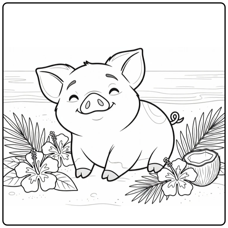 Pua Cheerful Pig on Tropical Beach coloring page