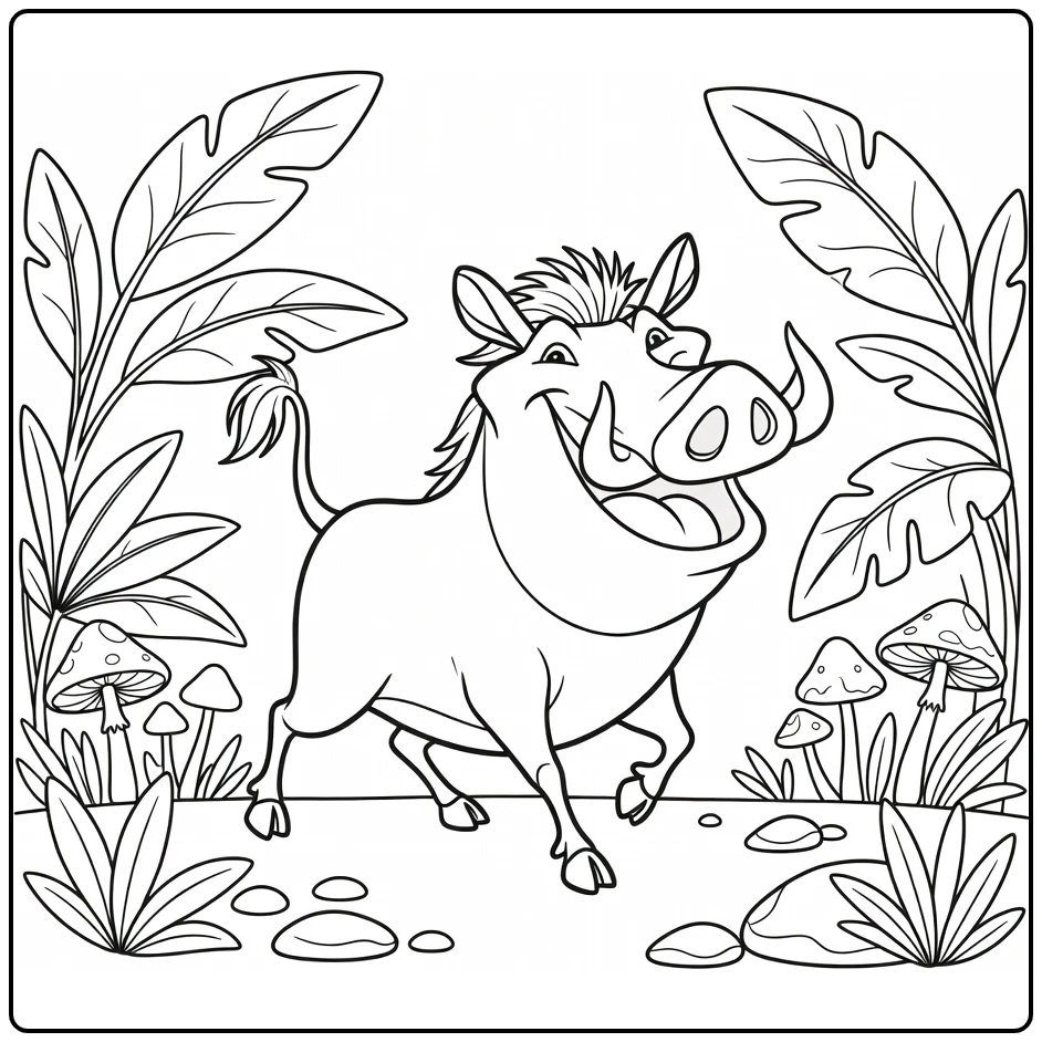 Pumbaa in Jungle with Leaves and Mushrooms coloring page