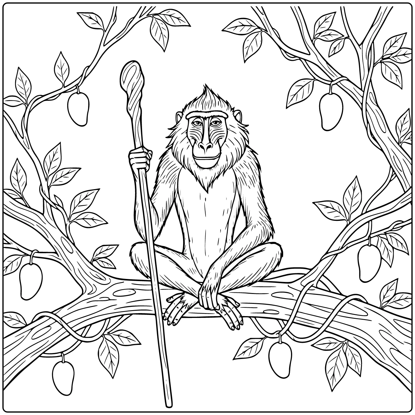 Rafiki Walking Stick in Hand on Branch Serene Stare coloring page