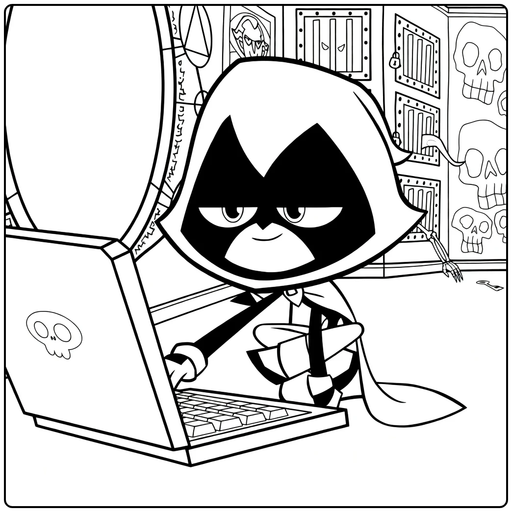 Raven at Laptop in Skull Room coloring page
