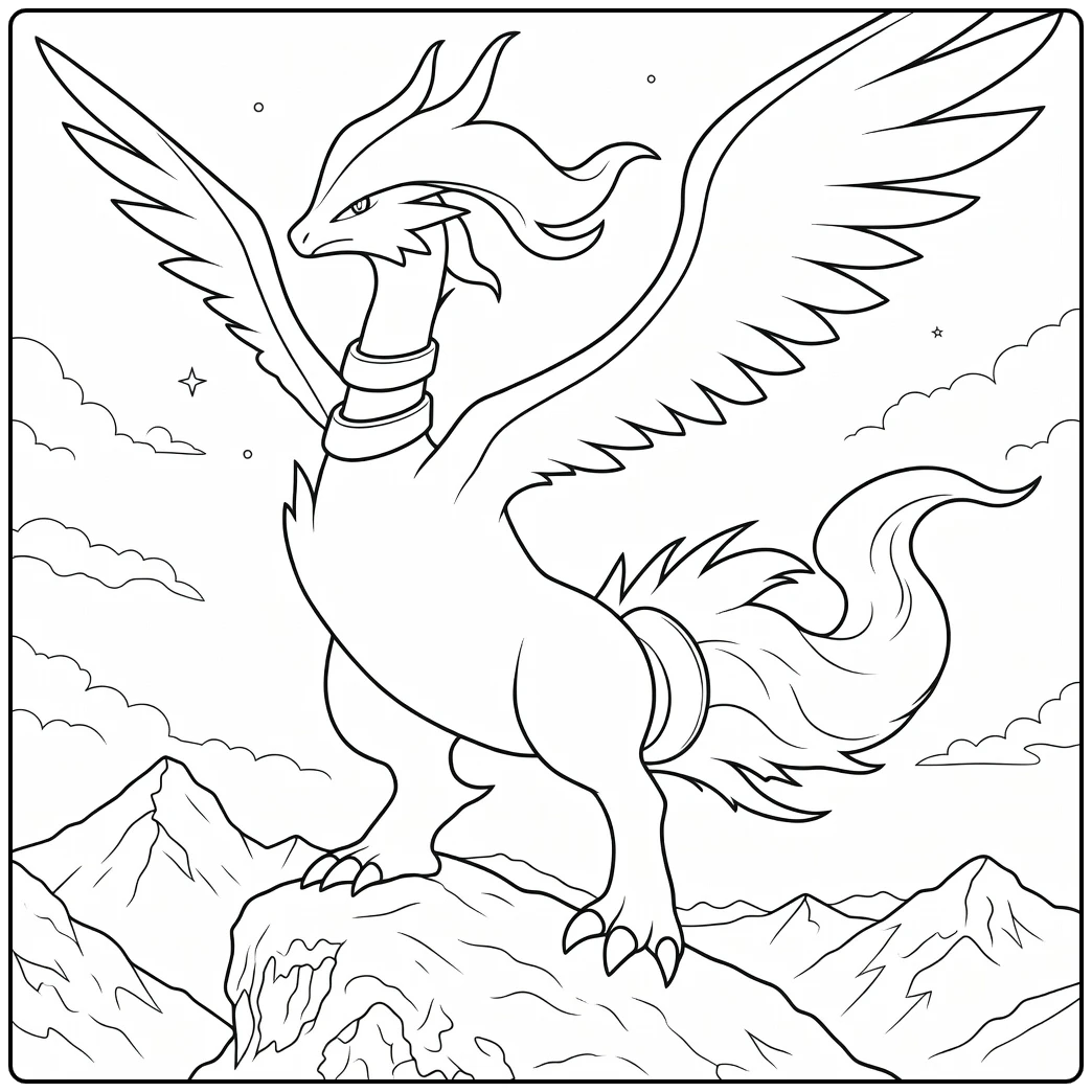 Reshiram Pokemon Fire on Snowy Bergpiek coloring page