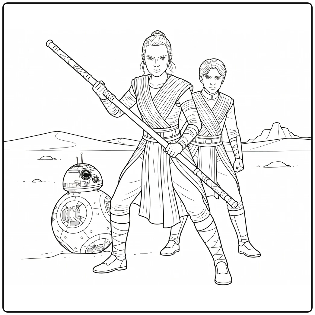 Rey Bb 8 and Finn Star Wars Desert Scene coloring page