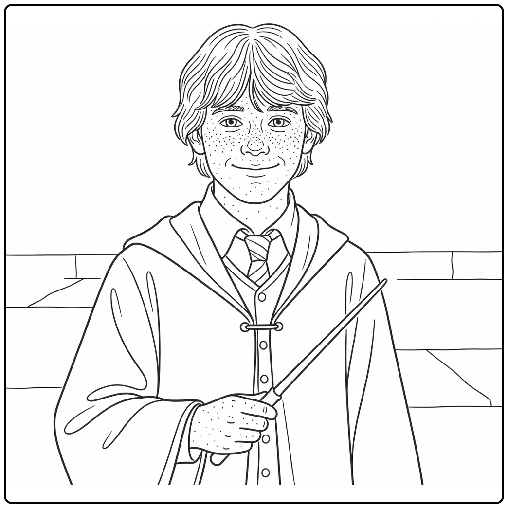 Ron Weasley in Hogwarts Robe with Walking Stick coloring page