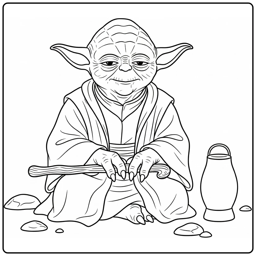 Resting Yoda Lantern and Walking Stick coloring page