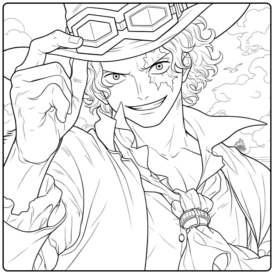 Sabo Top Hat and Sailing Ship on Sea coloring page