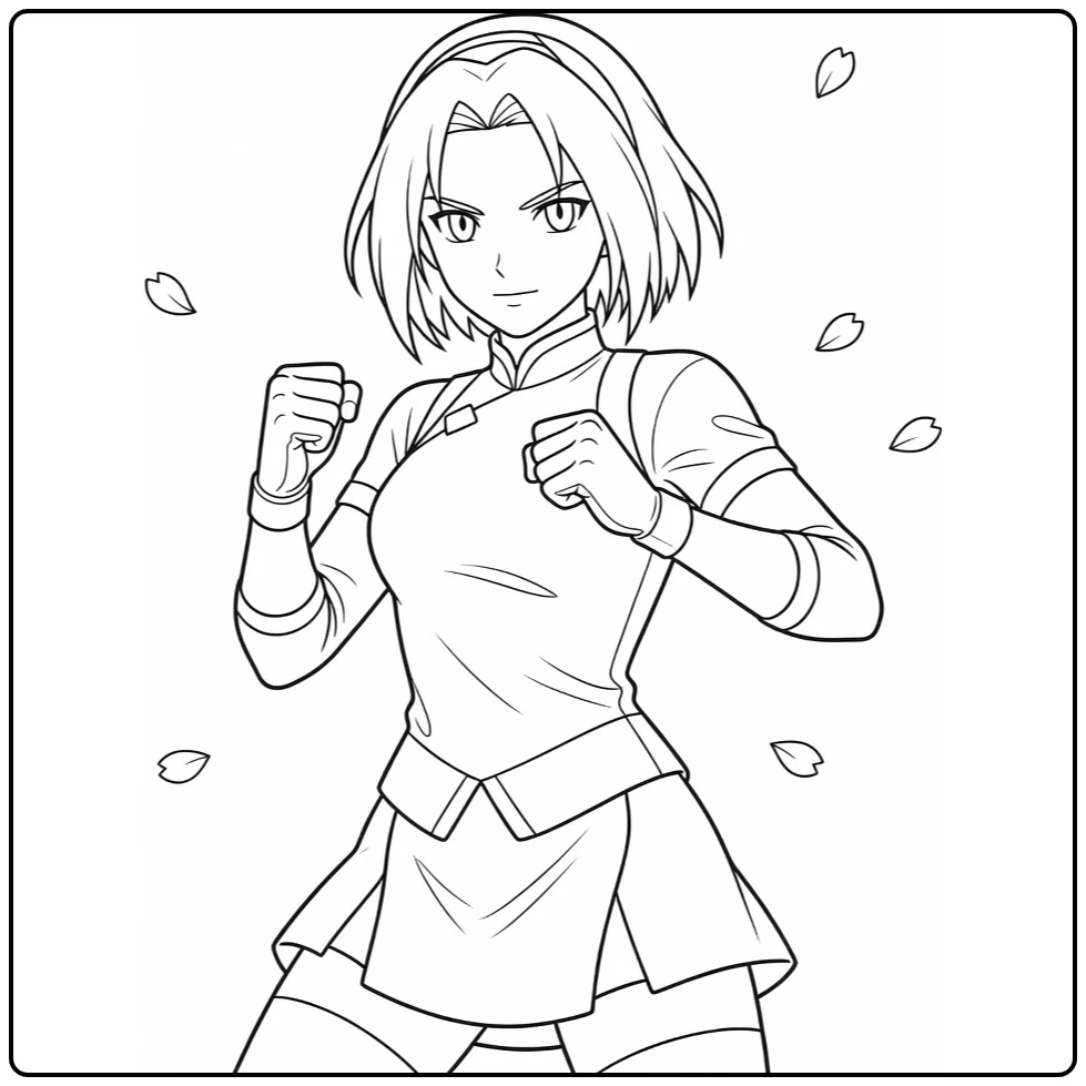Sakura in Powerful Fighting Stance coloring page