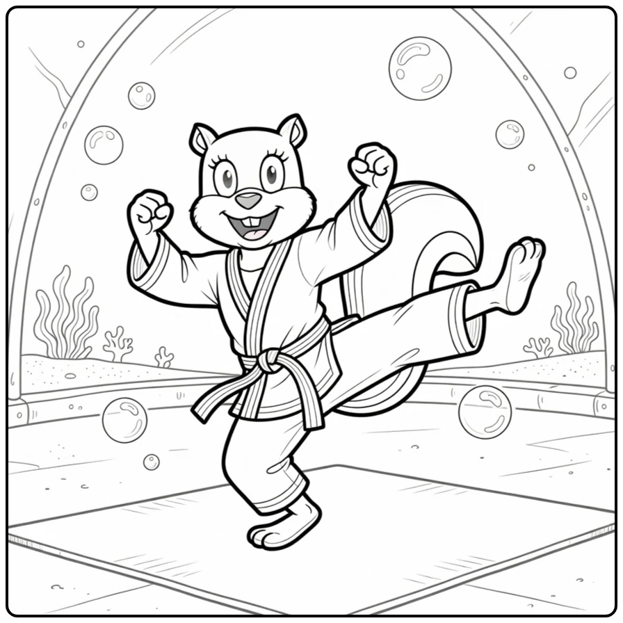 Sandy Cheeks Playful Karate Action coloring page