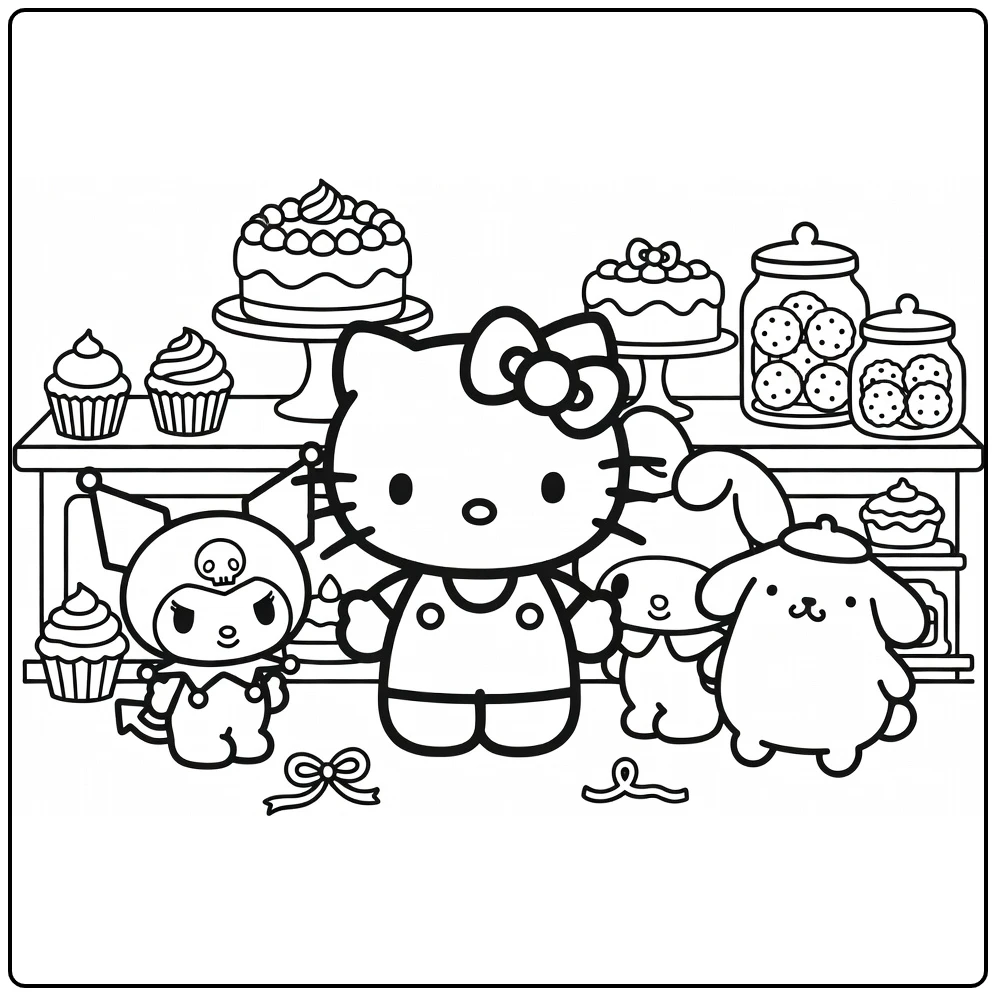 Sanrio Cute Hello Kitty with My Melody and Pompompurin coloring page