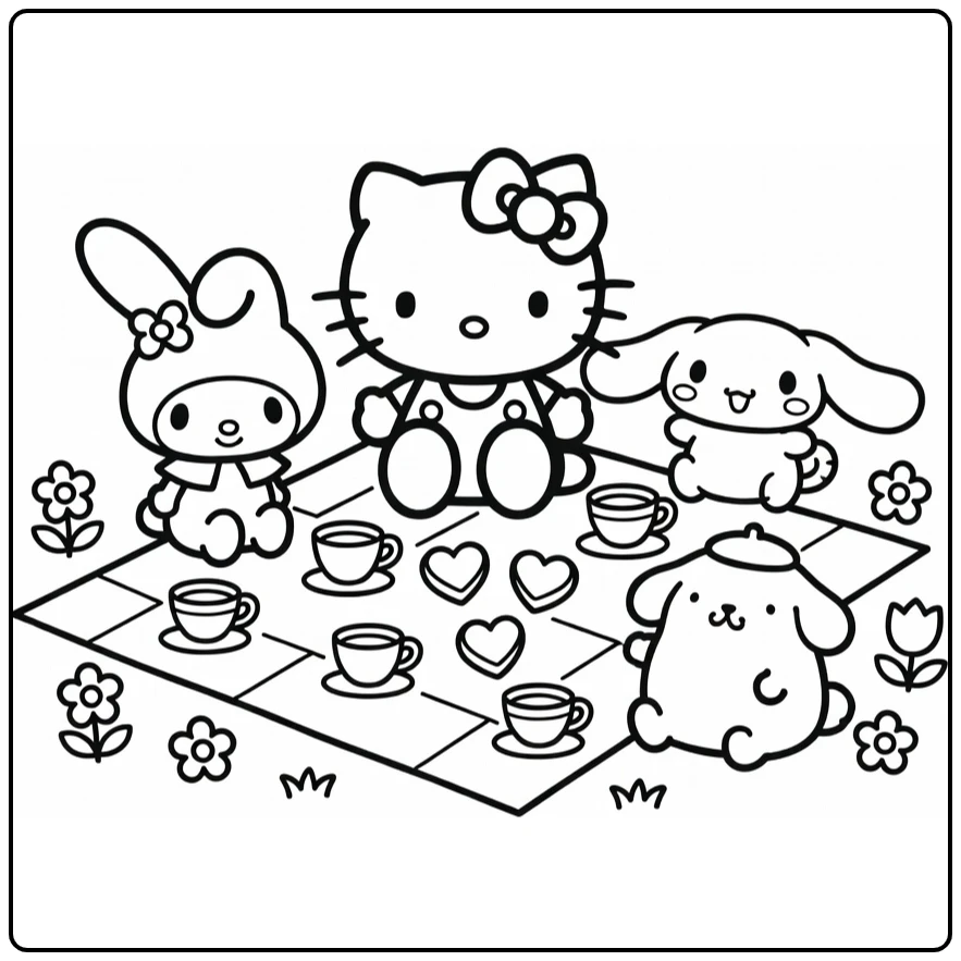 Sanrio Cute Hello Kitty Picnic with Cinnamoroll coloring page