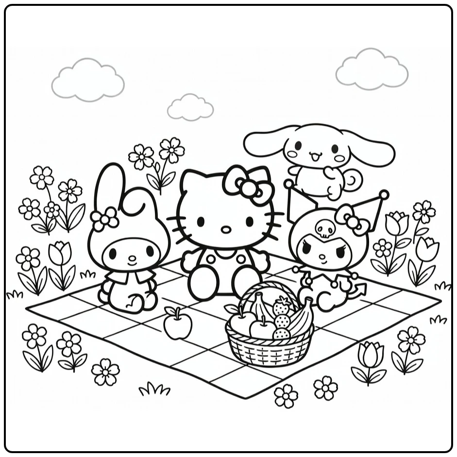 Sanrio coloring page with Hello Kitty in the center surrounded by My Melody