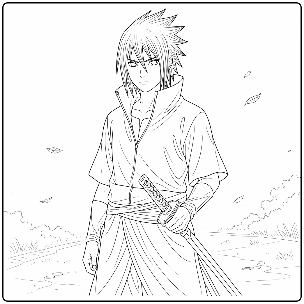 Sasuke Calm Uchiha with Sword coloring page