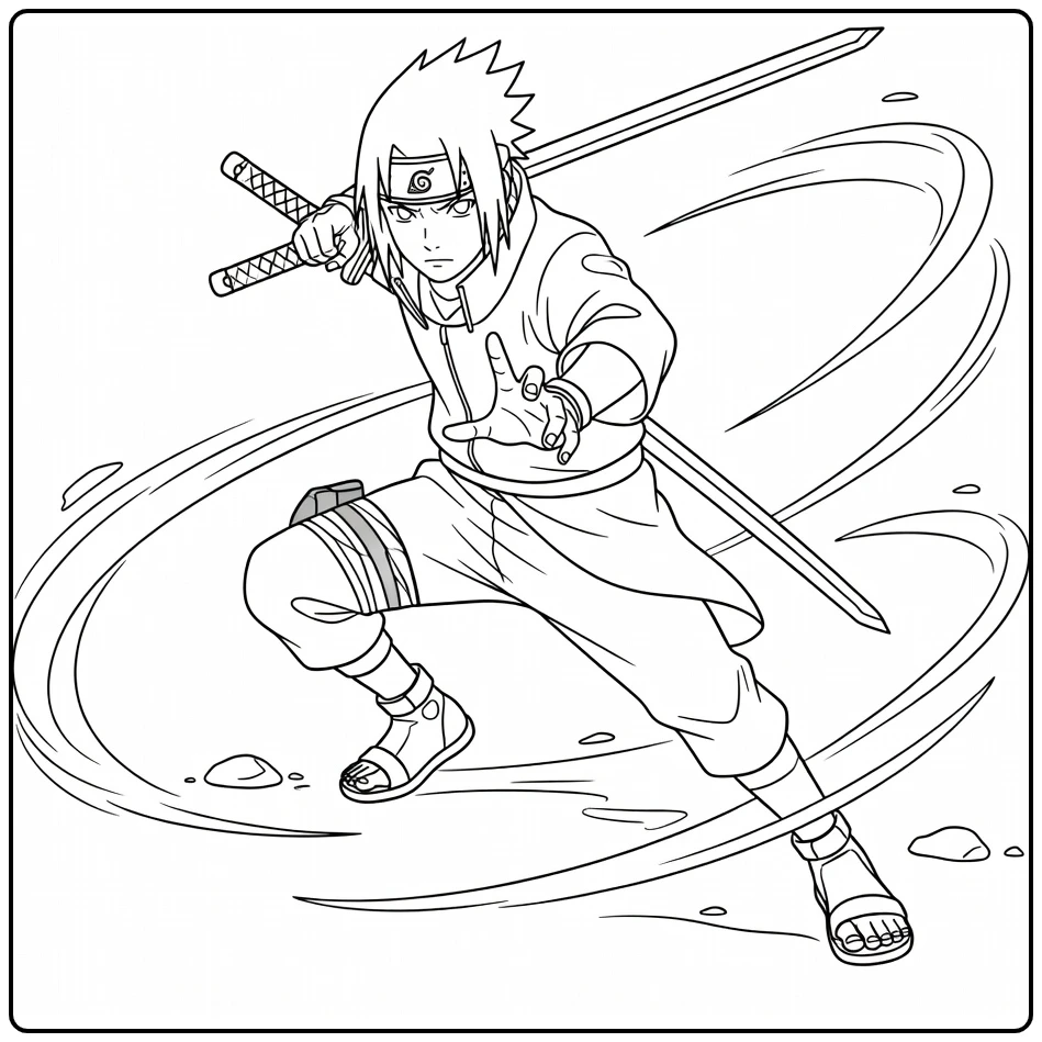 Battle-ready Sasuke in Pose with Sword coloring page
