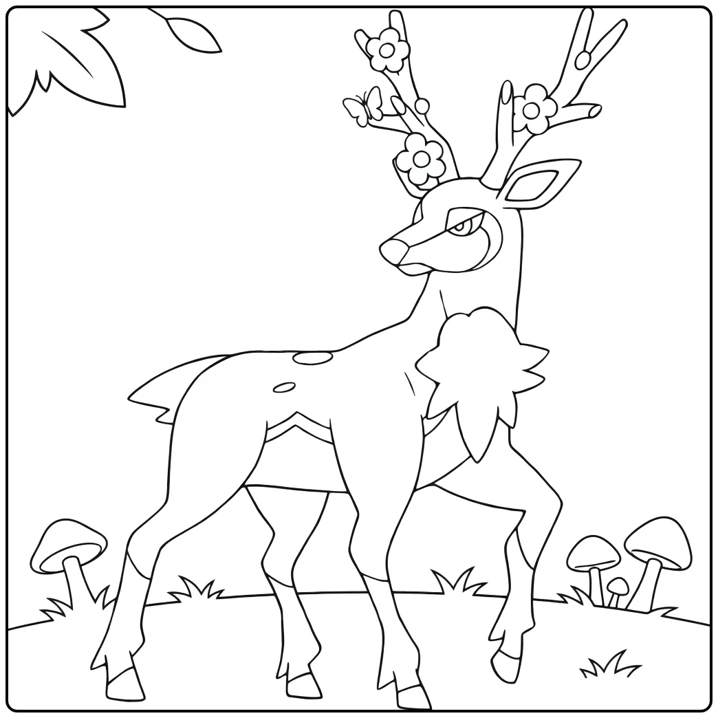Sawsbuck Deer Pokemon in Blooming Meadow coloring page