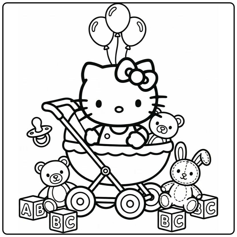 Cute Hello Kitty Baby with Stroller coloring page