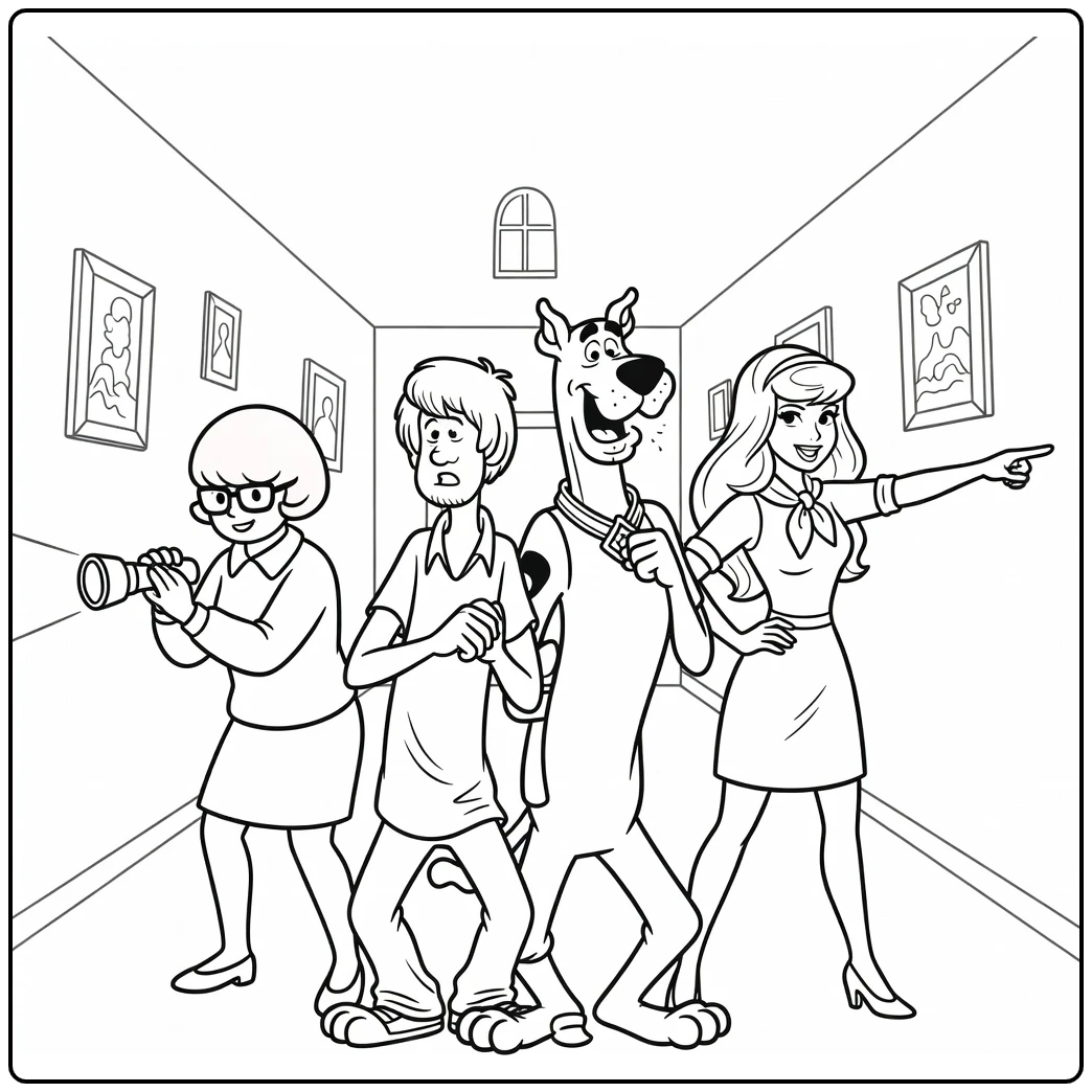 Scooby Doo Mystery Inc in Scary with Corridor coloring page