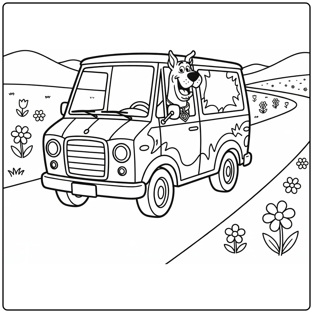 Doo Scooby in Mystery Machine on Road coloring page