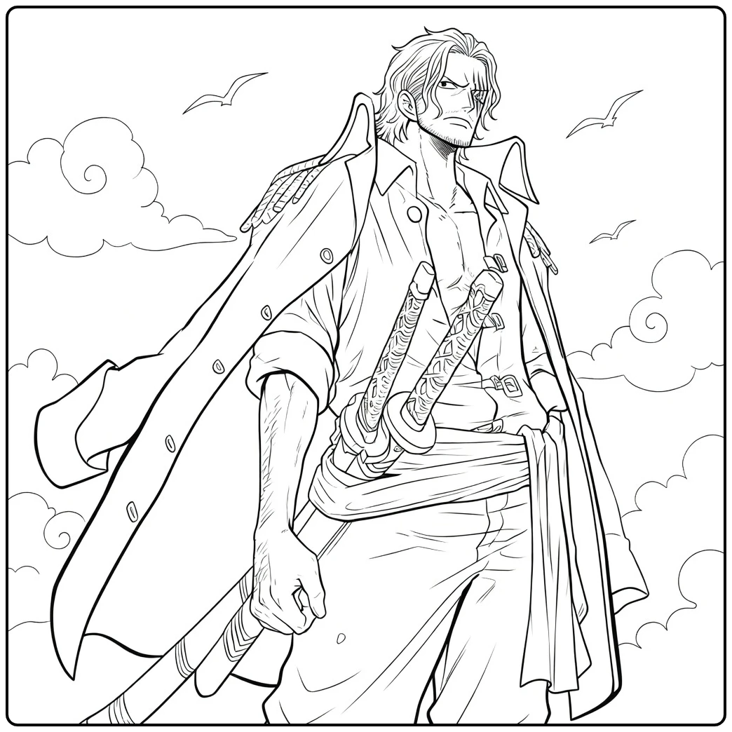 Shanks Flowing Cloak and Seagulls coloring page