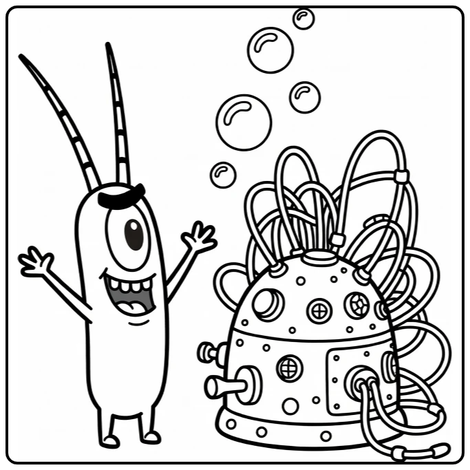 Sheldon J Plankton Machine with Arm Raised coloring page