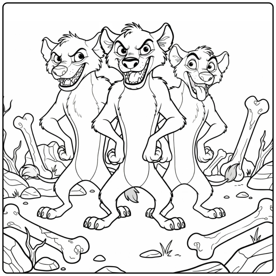 Shenzi, Banzai, and Ed Bones and Rocks Background coloring page